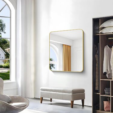 Дзеркало для ванної кімнати BONEWEI, 61 x 121,9 см, прямокутне, для кріплення на стіну, з рамою, косметичне дзеркало з округлими кутами, для спальні, вітальні, передпокою, горизонтальне (Золотий, 91.4L x 76.2B см)