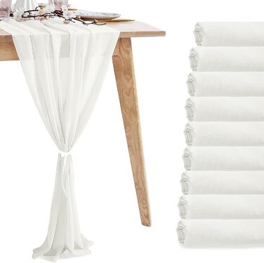 10 Piece Chiffon Table Runners, Wedding Table Runners, Transparent, Romantic Tulle Table Runners for Christmas, Wedding, Bridal Shower, Baby Shower, Birthday Party, Table Decorations (White, 300x30cm)