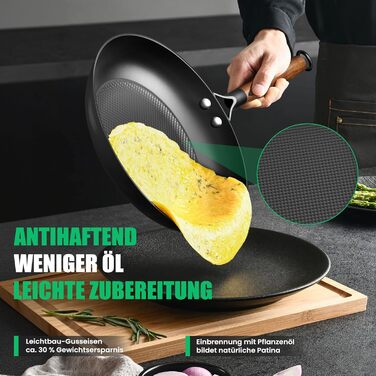 Чавунна сковорода YUTANN 28 см, для індукції, газу, електроплити, з антипригарним покриттям, без PFAS/PFOA, чорна