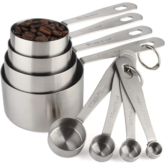 Stainless steel measuring cups and spoons, set of 8 consisting of 4 measuring cups and 4 spoons for dry and liquid ingredients