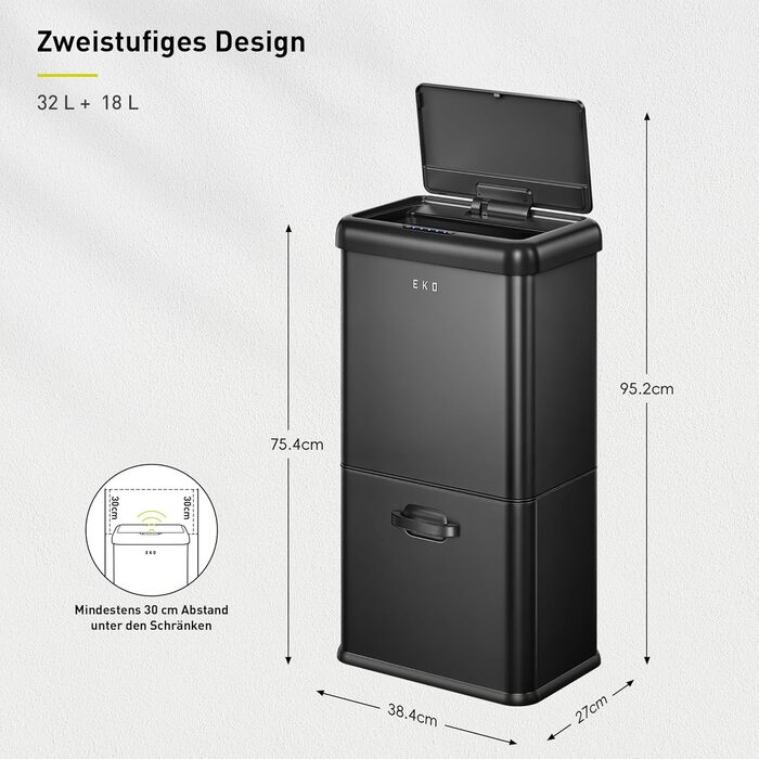 Сортувальний контейнер для сміття EKO Mirage Plus 3 відділення (15л + 15л + 30л), сенсорний, нержавіюча сталь, 60л, з пластиковими відрами
