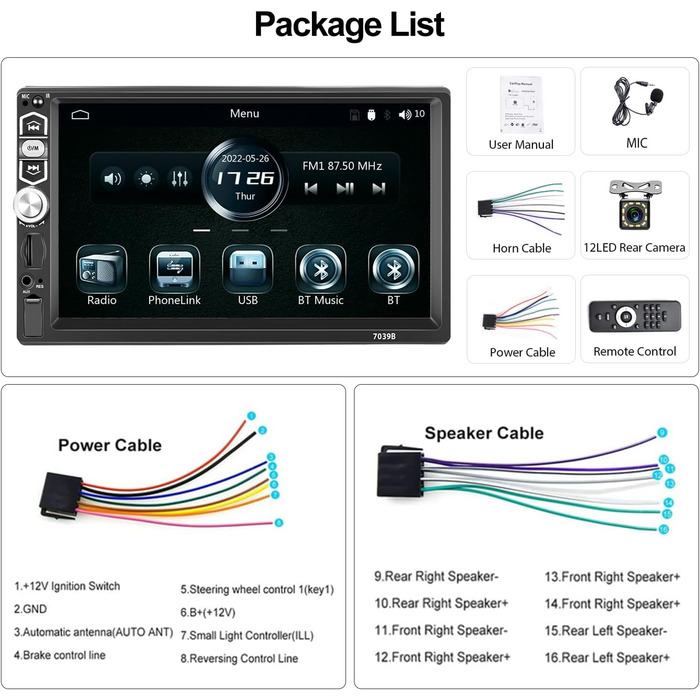 Автомагнітола SIXWIN 1 DIN з 7'' сенсорним екраном, Apple CarPlay, Android Auto, Bluetooth, FM, USB/AUX/TF, з камерою заднього виду, мікрофоном та пультом