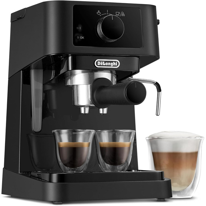 De'Longhi Stilosa EC 230.BK – traditional espresso portafilter machine, espresso machine with manual milk frother, for espresso grounds, 1 L water tank, black, 1100 W