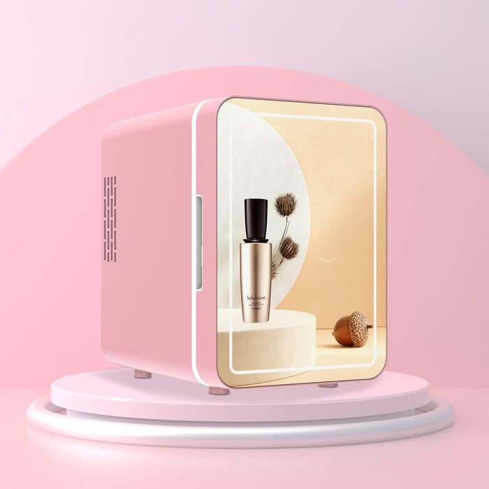 Olvy Skincare Fridge - 4 Liter Mini Fridge with LED Mirror - Portable Beauty Fridge, Cooling & Heating for Room Use (Pink)