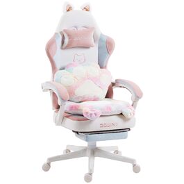 Ігровий крісло Dowinx Ergonomiczne з підніжкою, рожевий котячий дизайн, для дорослих, білий колір