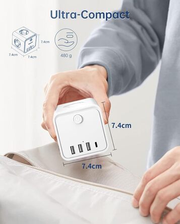 Мережний фільтр 7-в-1 з USB-портами, подовжувач на 3 розетки з вимикачем, кабель 2м, білий — для дому та офісу