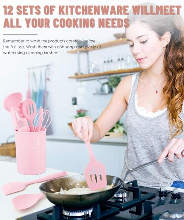 Набір кухонних аксесуарів з силікону, 12 шт., BPA-free, для антипригарного посуду, зелений (рожевий)