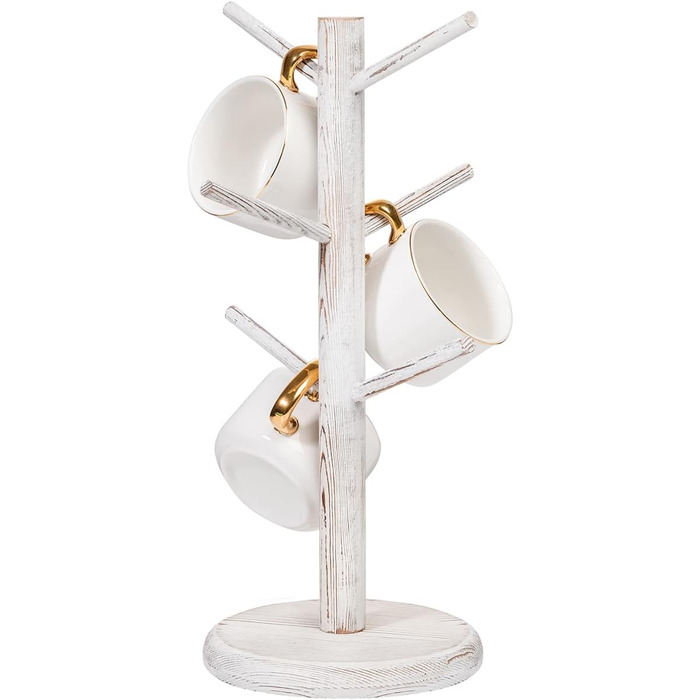 Dorho Cup Holder, Tree, Coffee Cup Holder with 6 Hooks, Wooden Cup Holder for Countertop, Coffee Bar Accessories and Organizer Station, White (Rustic White)