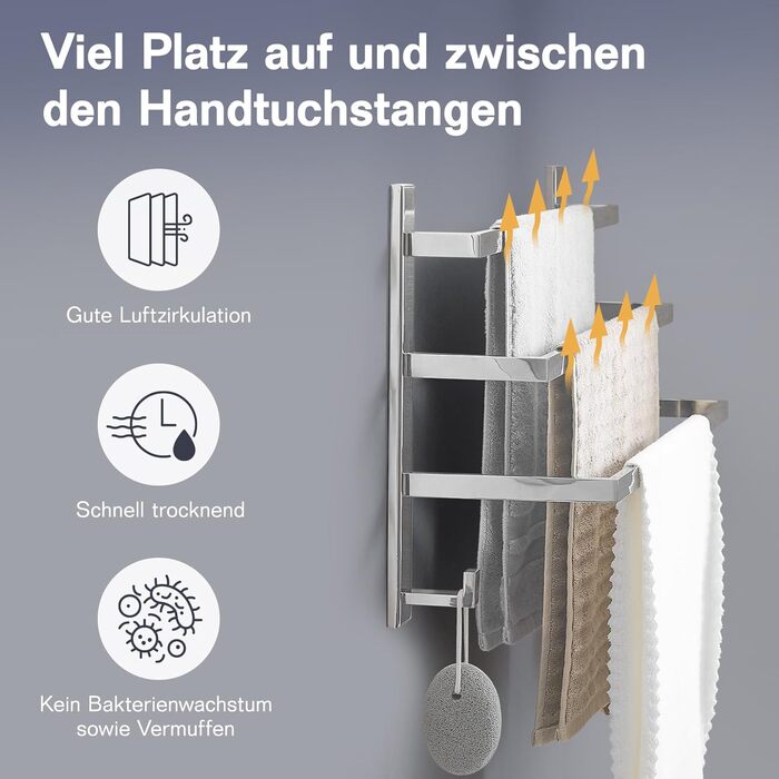 Тримач для рушників без свердління для ванної кімнати | Без бактерій | Прихований кріплення | Тримач рушників з гачками - нержавіюча сталь SUS 304, нержавіюча сталь, полірована | з дзеркальним покриттям