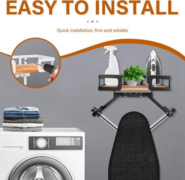 Настінна вішалка для праски та гладильної дошки з металевою конструкцією та кошиком для зберігання (чорна)