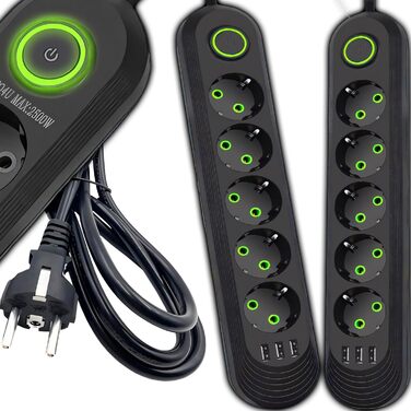 Мережева стрічка Retoo з 3 USB, 5 розеток, вимикачем та 5м кабелем, захист від перенапруги 2500W/10A, з вилками, для смартфонів, ноутбуків, дому, кухні