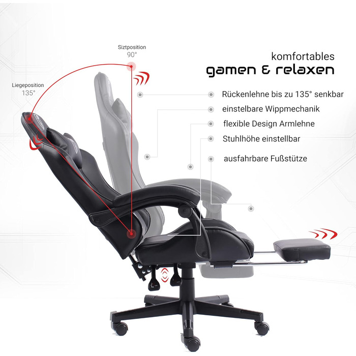 TRISENS Gaming Chair with Racing Design featuring flexible padded armrests, ergonomic PC gaming chair in leather look, desk chair with retractable footrest and extra support cushion, color: black
