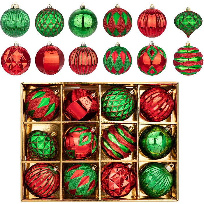 Набір з 12 штучок різдвяних кулі 10 см, великі, ударостійкі, для прикраси ялинки, з гачком (червоно-зелені)