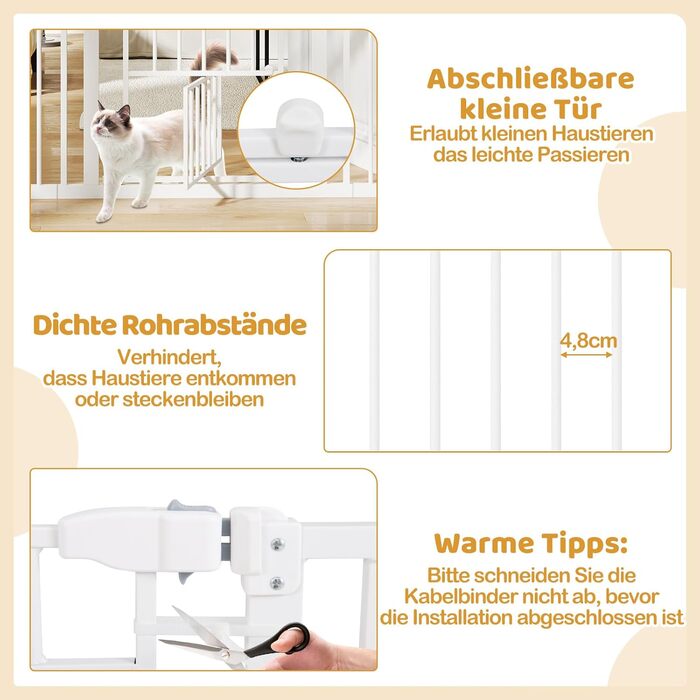 Захист для дверей Costway для собак, 74-104 см, 76 см заввишки, з маленькими дверцятами, 2 розширення, автозакривання та подвійний замок, без свердління, висувний захист для собак (білий)