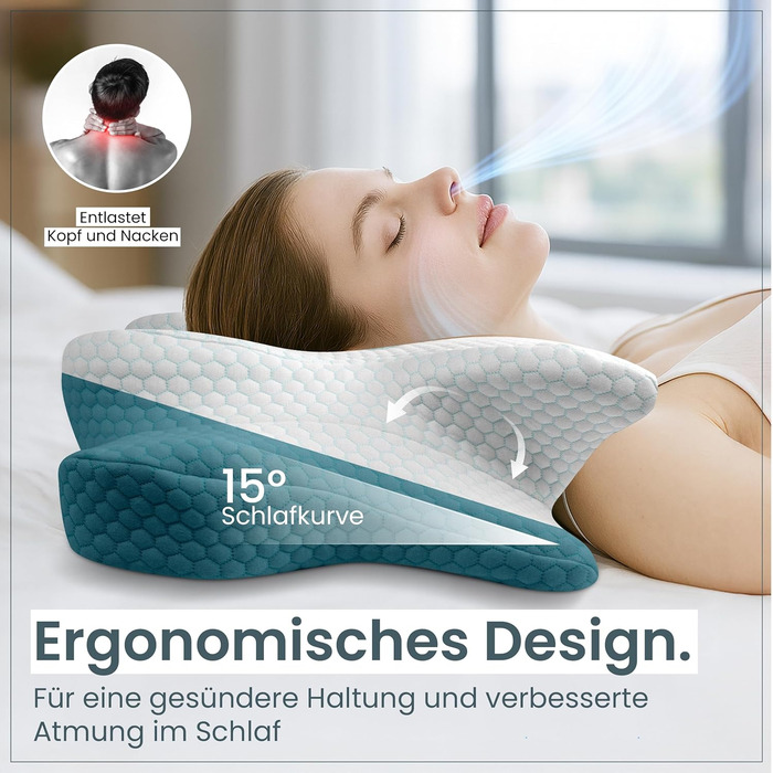 Ортопедична подушка для шиї при болях у шиї з високоякісної піни з пам'яті - Ергономічна подушка для шиї - Подушка для тих, хто спить на боці, на спині та на животі - знімний чохол, придатний для прання при 40°C (61 x 40 x 12, блакитна)