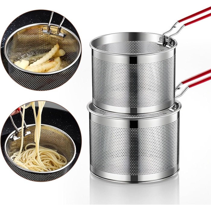 Набір сит для їжі з нержавіючої сталі WIYETY (2 шт.): сито для макаронів, корзина для фритюрниці, кухонне сито, Ø16см + Ø18см