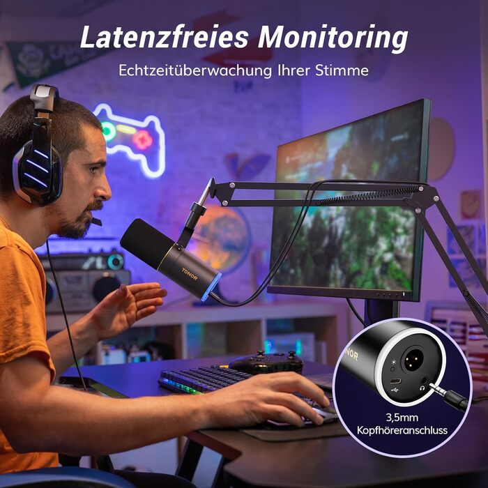 Мікрофон TONOR TD510+ для стримінгу, студії та запису. XLR/USB, динамічний, з регульованою ніжкою та RGB підсвічуванням. Чорний колір