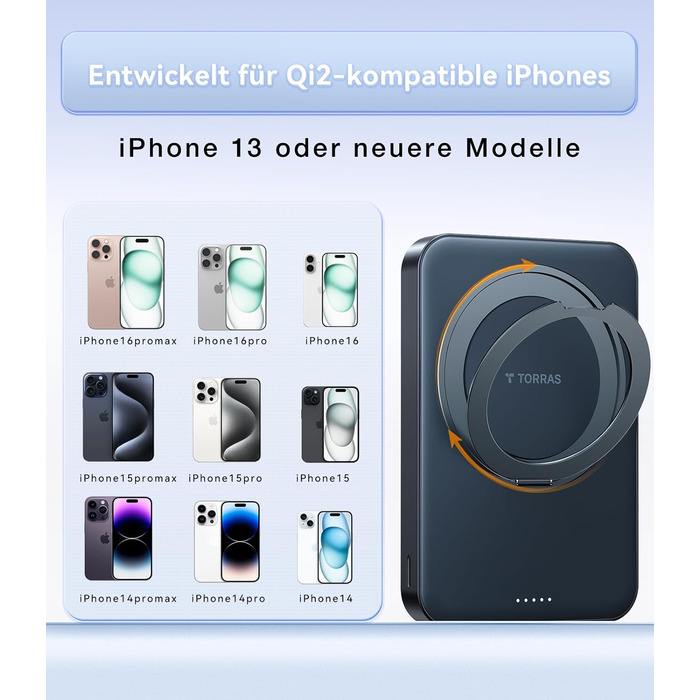 TORRAS MiniMag Qi2 Powerbank 10000mAh: магнітичний повербанк з підтримкою MagSafe, 30W USB-C, 15W бездротова зарядка для iPhone 12-17, AirPods, сірий титан