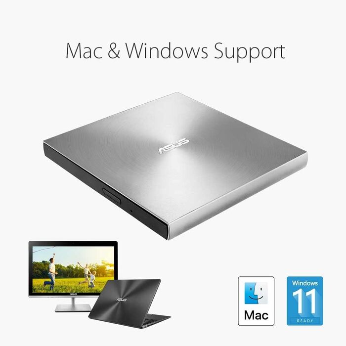 Зовнішній ультратонкий DVD-записувач Asus ZenDrive U9M USB-C/USB-A, сріблястий (для Apple та Windows, з кабелями та ПЗ)