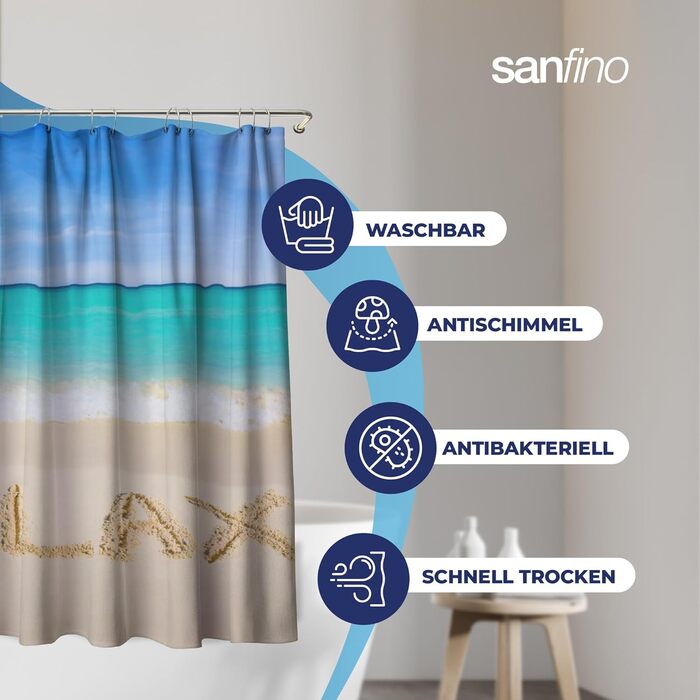 Штора для душу 180x200 см Take It Easy з кільцями (12 шт.) - водонепроникна, антибактеріальна, з малюнком, текстильна, сертифікат Öko-Tex