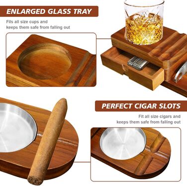 Wooden cigar ashtray, ashtray with whiskey tray and cigar holder + 1 cigar cutter, cigar humidor box with wine holder, for home, office or bar, men's birthday anniversary.