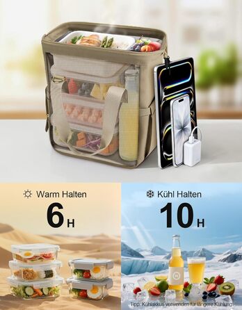 Термосумка 20 л, водонепроникна ізольована сумка/ланч-сумка з великим отвором, виготовлена з витокостійкого матеріалу PEVA, з кількома відділеннями та плечовим ременем – для роботи, школи, автомобіля, пікніка (Хакі)