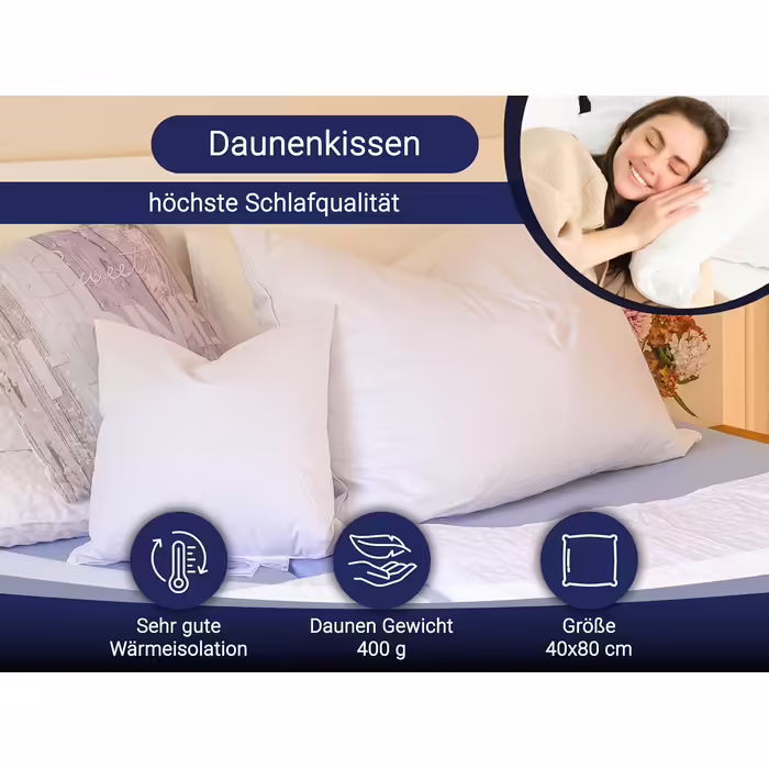 ZOLLNER 2-Pack Deluxe Down Pillow - Made in Germany – Suitable for allergy sufferers – Cover made of high-quality Mako cotton - washable up to 60°C - 40x80 cm - Hotel quality 40 x 80 cm 2-pack