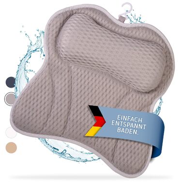 Подушка для ванни преміум-класу з підтримкою голови та шиї. Сіра подушка для ванни з присосками, ергономічна, комфортна.