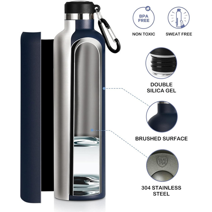 FEIJIAN FJbottle 316 Stainless Steel Vacuum-Insulated Water Bottle 750ml/1000ml with Carabiner, BPA-Free Bottles, Leak-Proof Sports Bottle for Sports, Work, and Travel