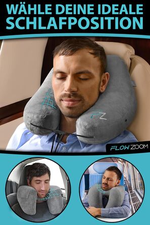 FLOWZOOM AIR Neck Pillow Inflatable with Hood - Neck Pillow Airplane - Travel Pillow - Quickly Inflatable Neck Pillow Travel - Airplane Pillow - Travel Pillow - Neck Support Adult (gray)