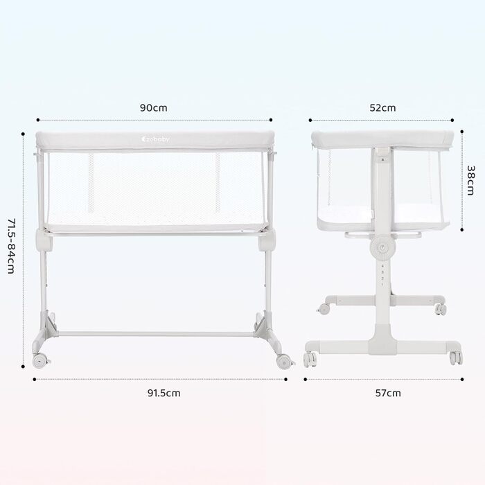 Ezebaby Bedside Sleeper, 2-in-1 Baby Bed from Birth up to 9 kg, Co-Sleeper with 7 Height Adjustments, Includes Mattress/Foldable Side Rail/Wheels, Mesh Fabric Crib (Dark Grey)