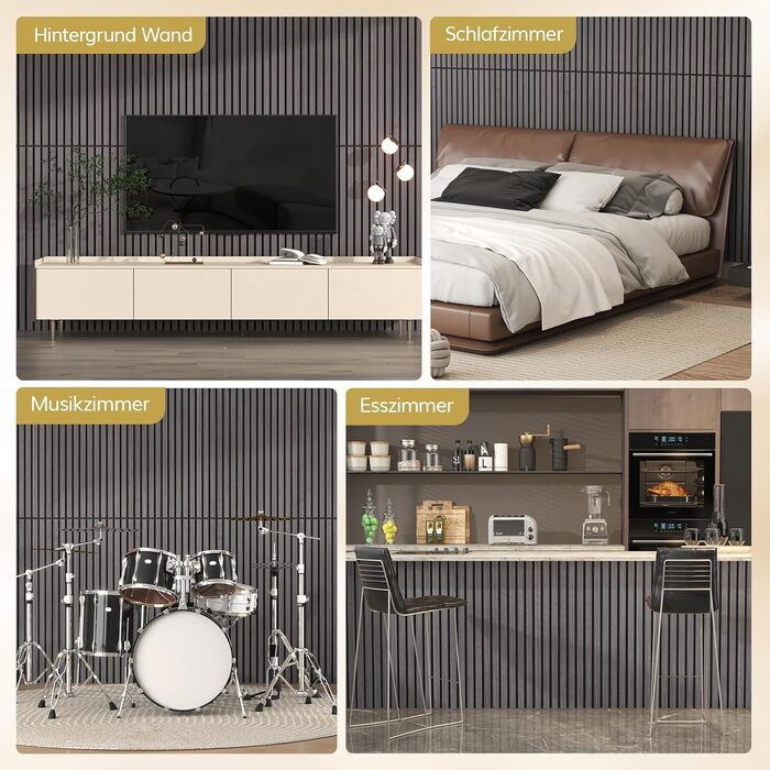 TONOR Панелі акустичні на стіну з шпону, 2,88 м², 4 шт. 120x60x1,9 см, 3D, для дому/офісу, колір: світло-чорний
