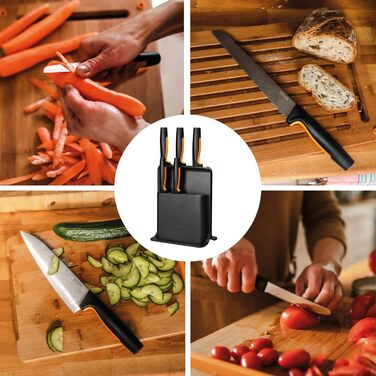 Набір ножів Fiskars Functional Form: блок з 5 ножами (овочевий, для томатів, Santoku, кухонний, для хліба), пластик, чорний