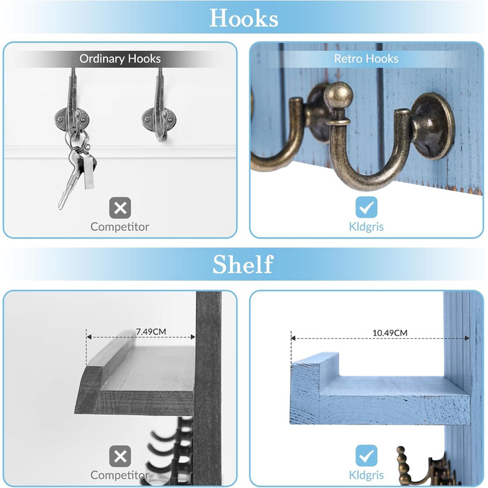 Дерев'яне ключниця з поличкою, 5 гачків, для прихожої, спальні, вітальні (Блакитний)