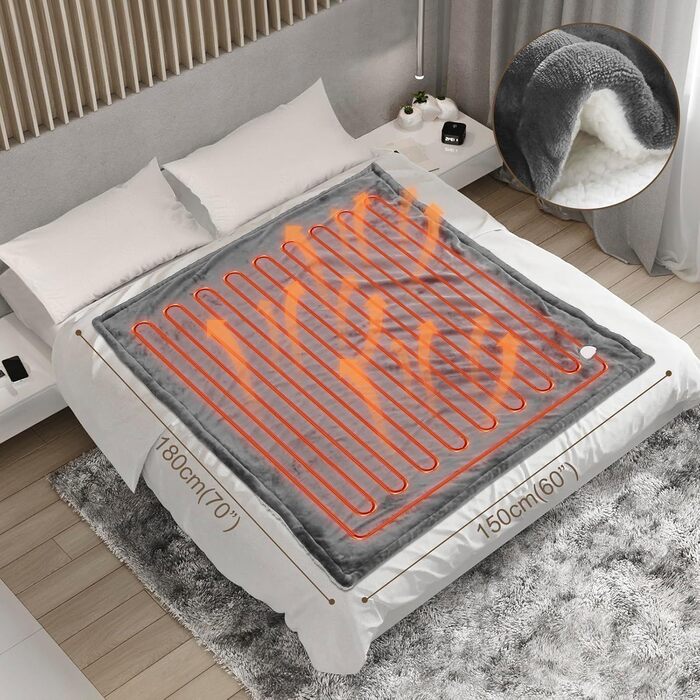 Електрична ковдра OneAmg з таймером, 155x180 см, 6 режимів нагріву та дистанційним керуванням, машинне прання, сірий колір