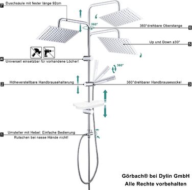 Görbach Rain Shower System with Shelf, Shower Set without Shower Faucet, Chrome (20x20cm)