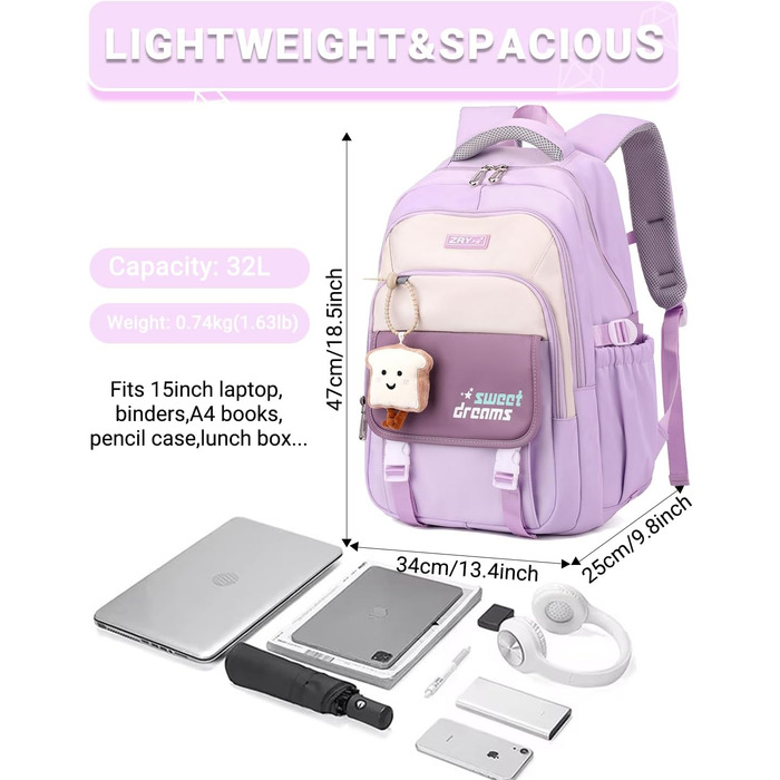 Шкільний рюкзак для дівчаток 2-10 класів, 32L, легкий дитячий рюкзак | Дихаюча спинка | М'які лямки | Брест-стрічка, ранці для школи, рюкзак для підлітків 8+ років, фіолетовий