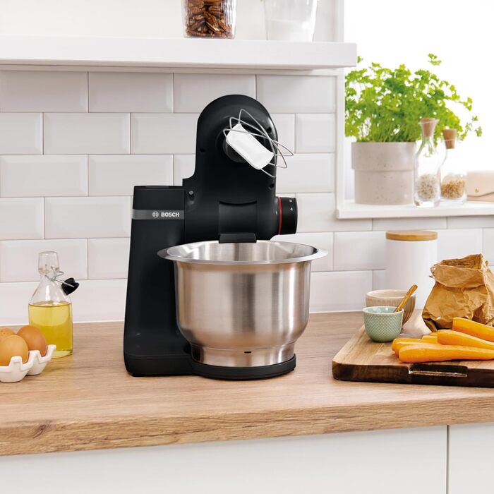 Bosch Kitchen Machine Series 2 MUMS2EB01, Stainless Steel Bowl 3.8 L, Planetary Mixer, Dough Hook, Beaters and Whisk (Stainless Steel), Food Processor Attachment, 3 Discs, 700 W, black