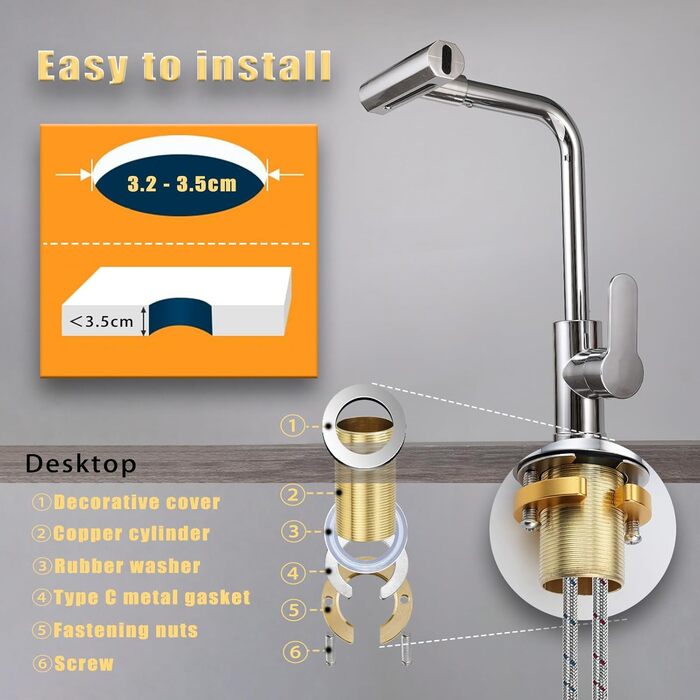 Кухонний змішувач водоспадом Ruimooto з 4 режимами, нержавіюча сталь, 360° обертання, високий тиск