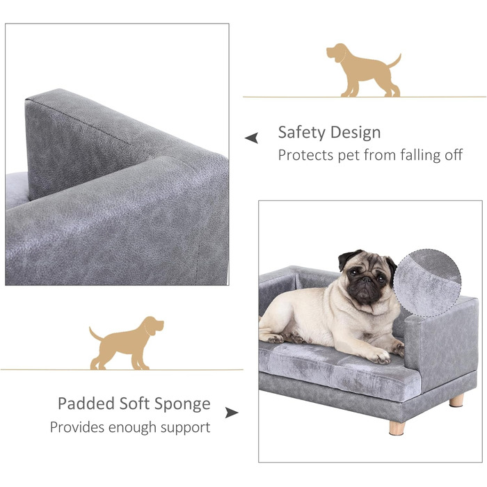 PawHut Собаче ліжко-диван для собак та котів з дерев'яним каркасом, плюшевий чохол, подушка з піною, 68 x 41 x 32 см