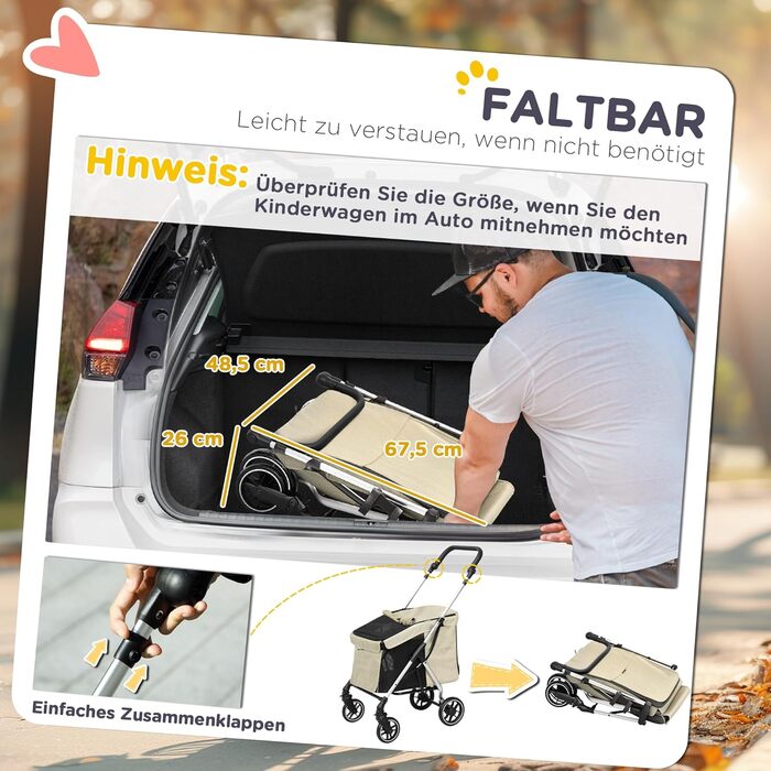 Візок для собак PawHut легкий, складаний, з алюмінію для собак та котів. З подушкою, сітковими вікнами, дверима та кошиком для зберігання. Міні-візок для маленьких собак (Хакі)