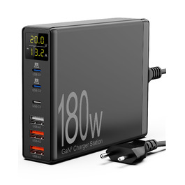 Зарядний пристрій USB 6 портів з LCD екраном, GaN швидка зарядка USB-C, сумісний з MacBook, iPad, iPhone 16/15/14/Pro/Max, Samsung Galaxy S23 (Чорний)