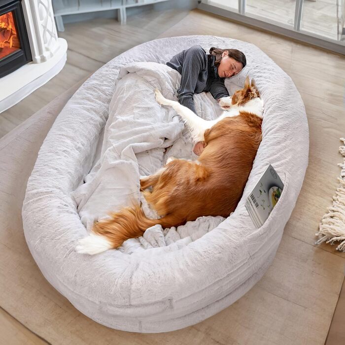 Dog Bed for Humans & Dogs | Huge Human Dog Bed for People | Warm & Comfortable Beanbag Bed | Dog Bed for People & Pets in Human Size | Blanket Included & Removable Cover | Grey (Light Grey)