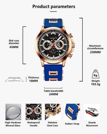 Чоловічий годинник MEGALITH Chronograph: аналоговий, водонепроникний, з датою, свідодіодом, кварцовий годинник. Ідеальний подарунок для спортивних чоловіків (B2-блакитний)
