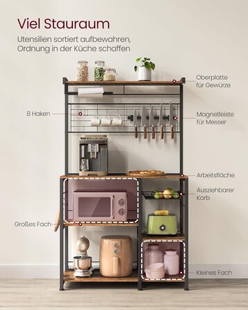 Стелаж кухонний VASAGLE KKS026B01, вінтажний, з магнітною смугою для ножів, кошиком та тримачем для рушників