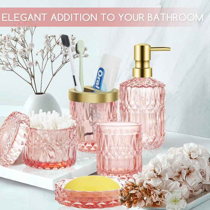 Набір аксесуарів для ванної кімнати зі скла: мильниця, дозатор мила, стакан, тримач для зубних щіток, контейнер для ватних паличок, рожевий колір