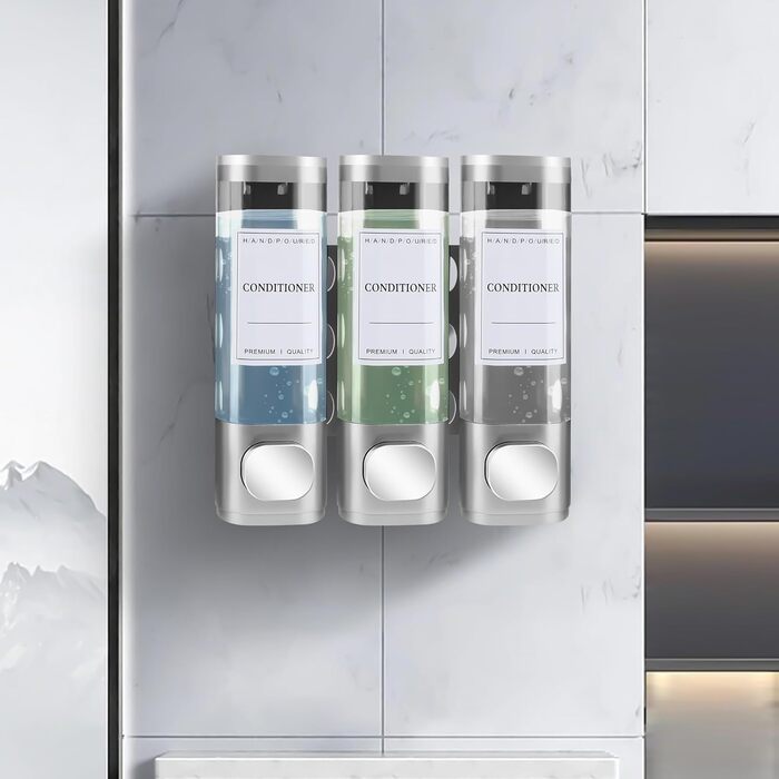 Настінний диспенсер для мила та гелю для душу з 3-ма камерами, 300 мл, ABS пластик, без свердління, для готелю та дому (срібний)