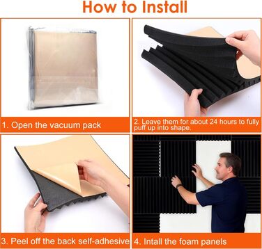 Акустичний поролон Foneso для звукоізоляції, панелі-поглиначі шуму 30x30x5 см, висока щільність 25кг/м³, 3D шумопоглинаючі плити для студії, офісу та кімнати запису, чорний (52 шт, з клейкою стрічкою)