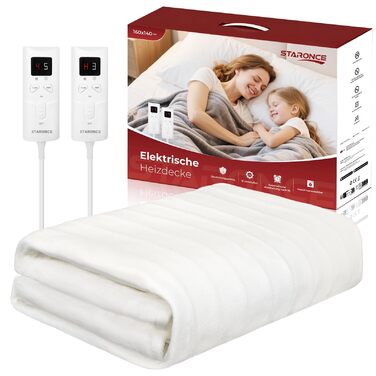 Електрична ковдра StarOnce 160x140 см для двоспального ліжка - тепла ковдра з 10 рівнями нагріву, автовимкненням, 2 пультами дистанційного керування та захистом від перегріву - біла, можна прати в пральній машині