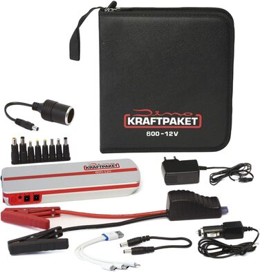 Портативний пусковий пристрій Dino KRAFTPAKET 12V-600A: для авто, мотоциклів та човнів. Підтримка різних типів акумуляторів (свинцево-кислотні, GEL, EFB, AGM). Ємність 66.6Wh, 18000mAh.